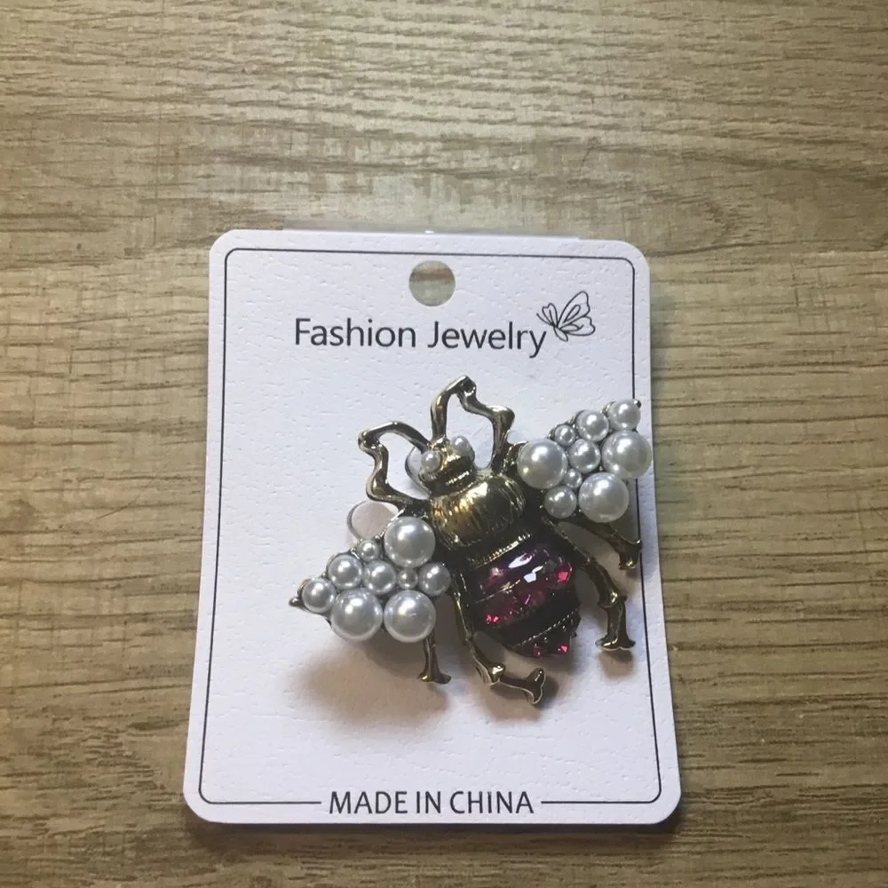 Gold Bee Brooch with White Pearls and Red Crystal Rhinestones